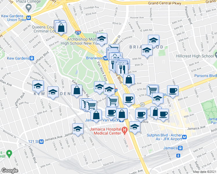map of restaurants, bars, coffee shops, grocery stores, and more near 86-24 Van Wyck Expressway in Queens