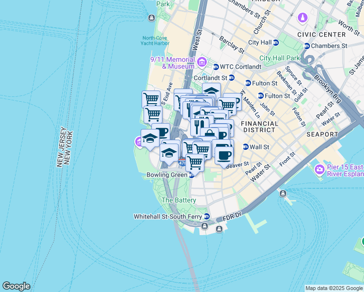 map of restaurants, bars, coffee shops, grocery stores, and more near Washington Street & Morris Street in New York