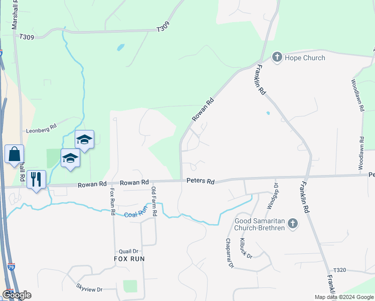 map of restaurants, bars, coffee shops, grocery stores, and more near 101 Concord Way in Cranberry Township