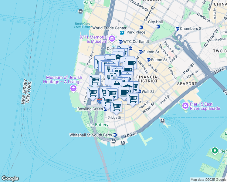 map of restaurants, bars, coffee shops, grocery stores, and more near 61 Canyon of Heroes in New York