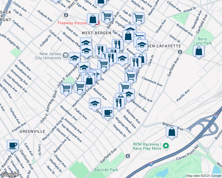map of restaurants, bars, coffee shops, grocery stores, and more near 137 Wilkinson Avenue in Jersey City
