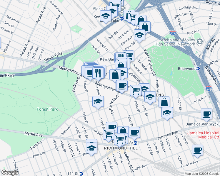 map of restaurants, bars, coffee shops, grocery stores, and more near 118-66 Metropolitan Avenue in Queens