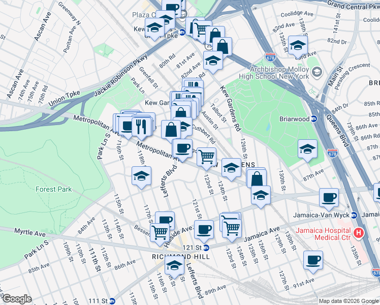 map of restaurants, bars, coffee shops, grocery stores, and more near 84-38 Beverly Road in Queens
