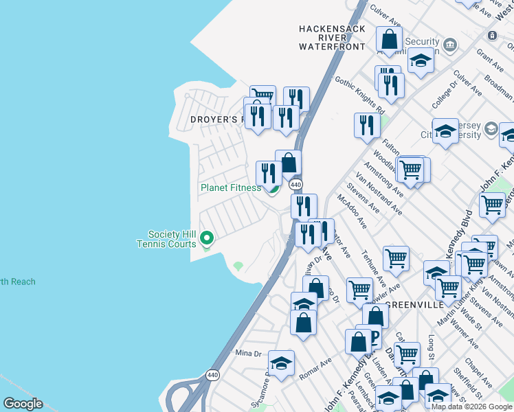 map of restaurants, bars, coffee shops, grocery stores, and more near 17 Juniper Street in Jersey City