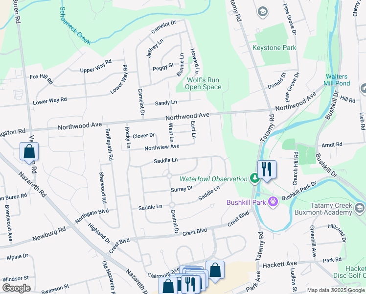map of restaurants, bars, coffee shops, grocery stores, and more near 24 Northview Avenue in Easton