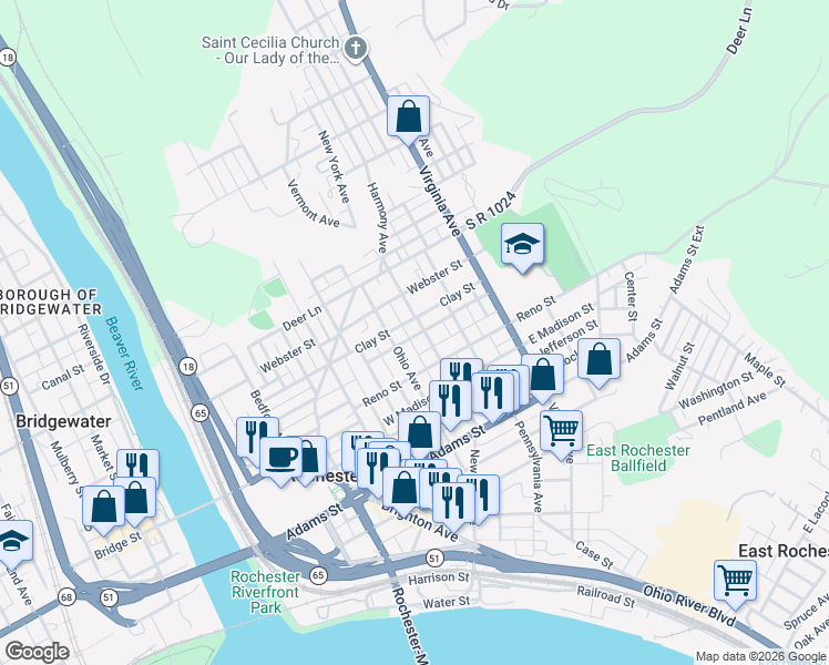 map of restaurants, bars, coffee shops, grocery stores, and more near 451 New York Avenue in Rochester