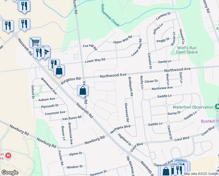 map of restaurants, bars, coffee shops, grocery stores, and more near 1011 Lillian Lane in Palmer Township