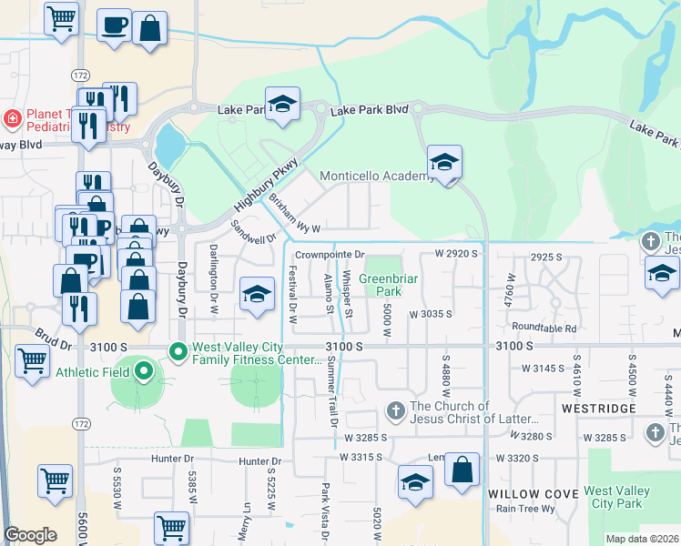 map of restaurants, bars, coffee shops, grocery stores, and more near 2952 Whisper Street in Salt Lake City