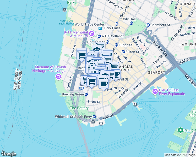 map of restaurants, bars, coffee shops, grocery stores, and more near 61 Canyon of Heroes in New York