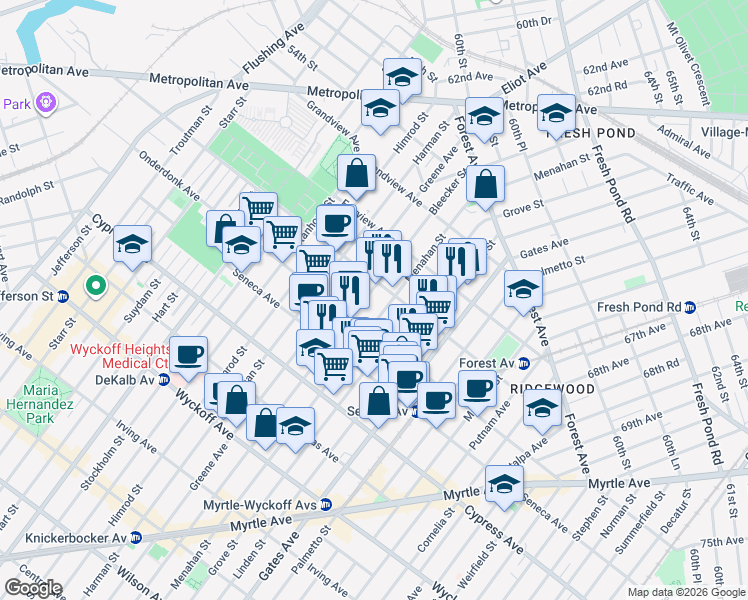 map of restaurants, bars, coffee shops, grocery stores, and more near 18-78 Bleecker Street in Queens
