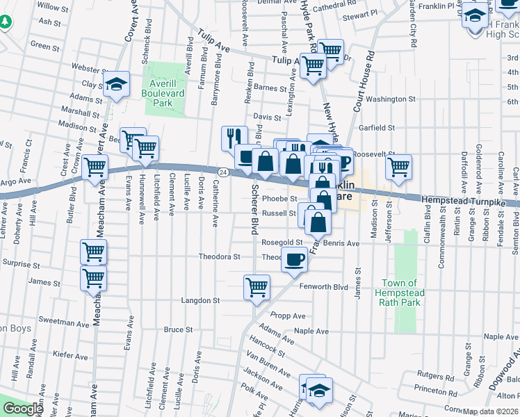map of restaurants, bars, coffee shops, grocery stores, and more near 1078 Phoebe Street in Franklin Square