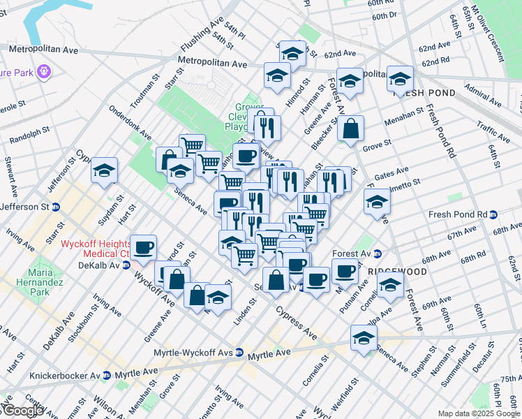 map of restaurants, bars, coffee shops, grocery stores, and more near 1867 Bleecker Street in Queens