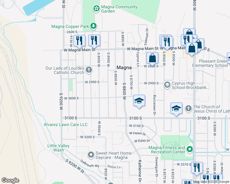map of restaurants, bars, coffee shops, grocery stores, and more near 2935 South 8850 West in Magna
