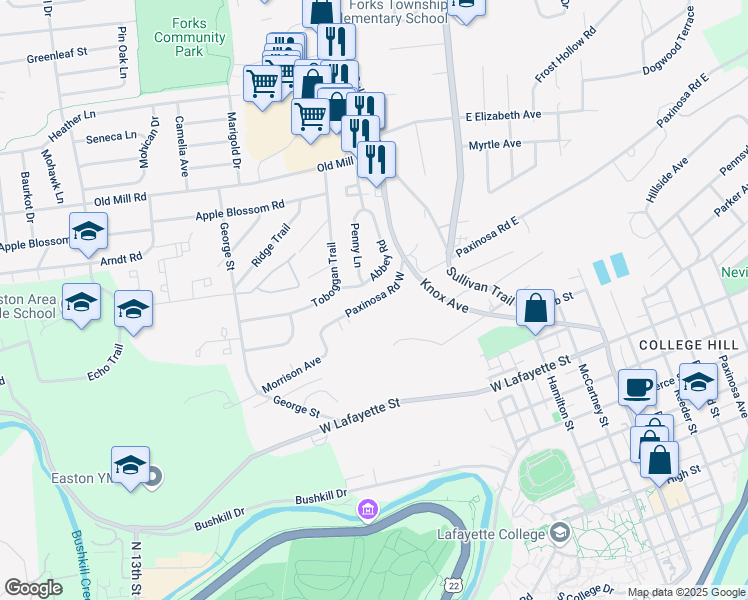 map of restaurants, bars, coffee shops, grocery stores, and more near 325 Paxinosa Road West in Easton