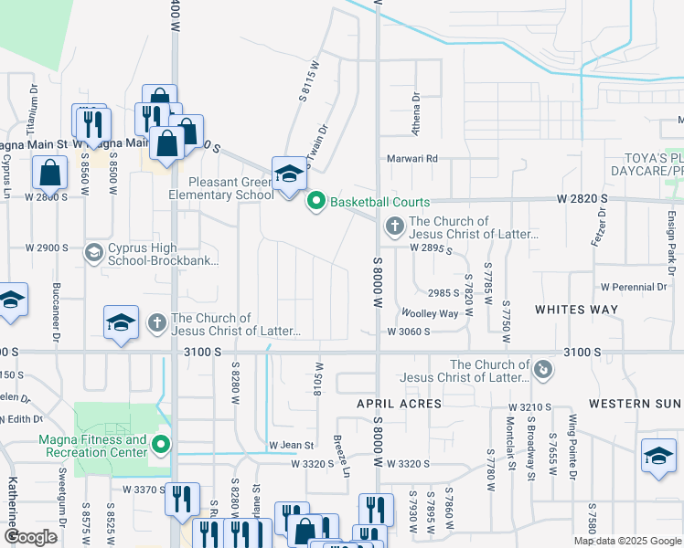 map of restaurants, bars, coffee shops, grocery stores, and more near 8003 2700 south in Magna