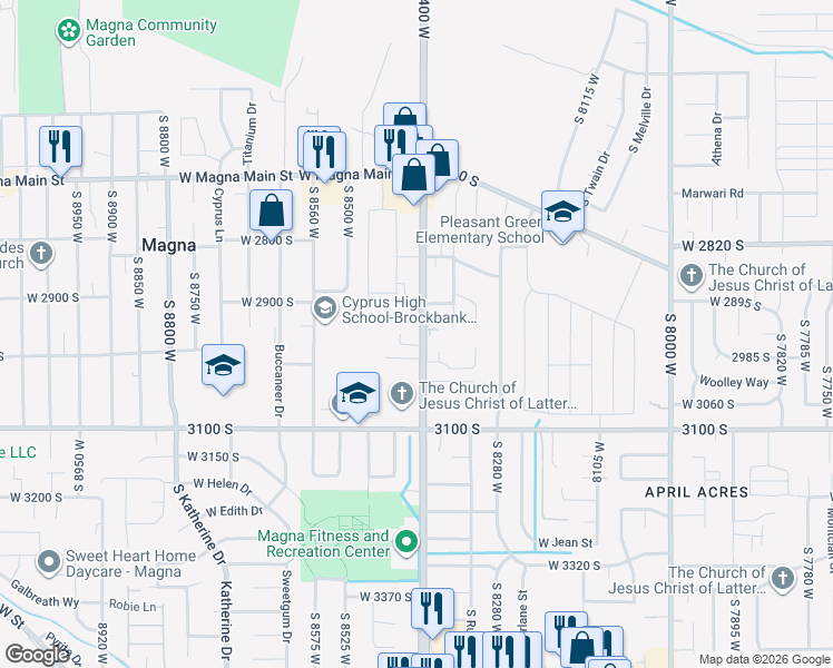 map of restaurants, bars, coffee shops, grocery stores, and more near 2928 South 8400 West in Magna