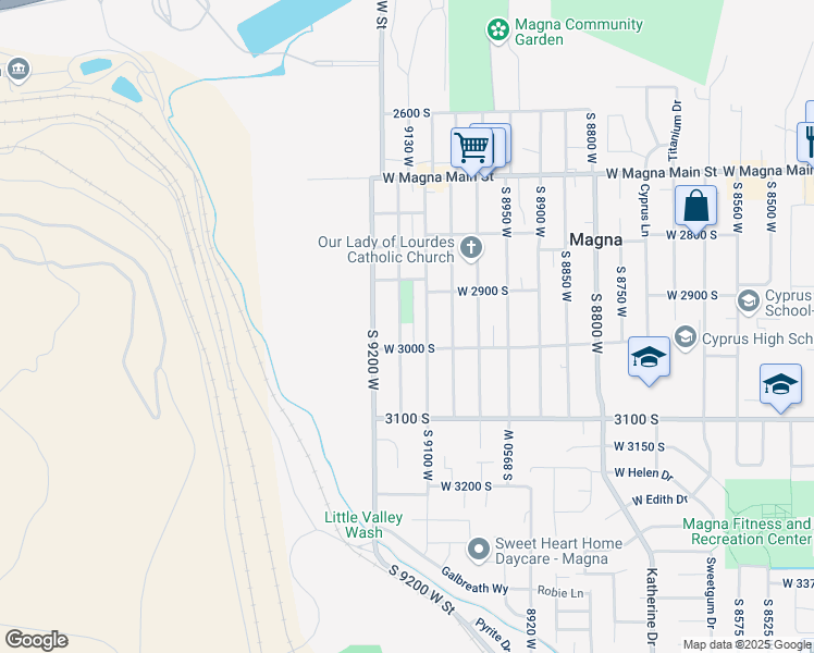 map of restaurants, bars, coffee shops, grocery stores, and more near 2930 South 9100 West in Magna
