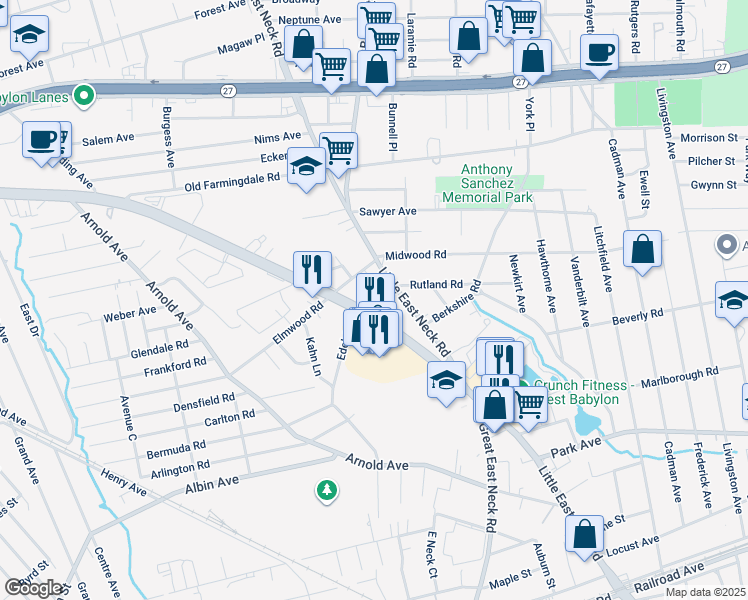 map of restaurants, bars, coffee shops, grocery stores, and more near 600 Little East Neck Road in West Babylon