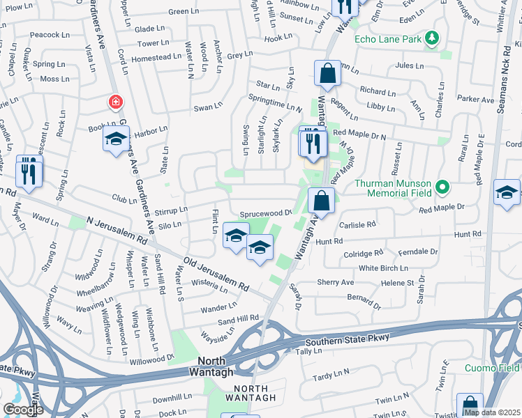 map of restaurants, bars, coffee shops, grocery stores, and more near 99 Stirrup Lane in Levittown
