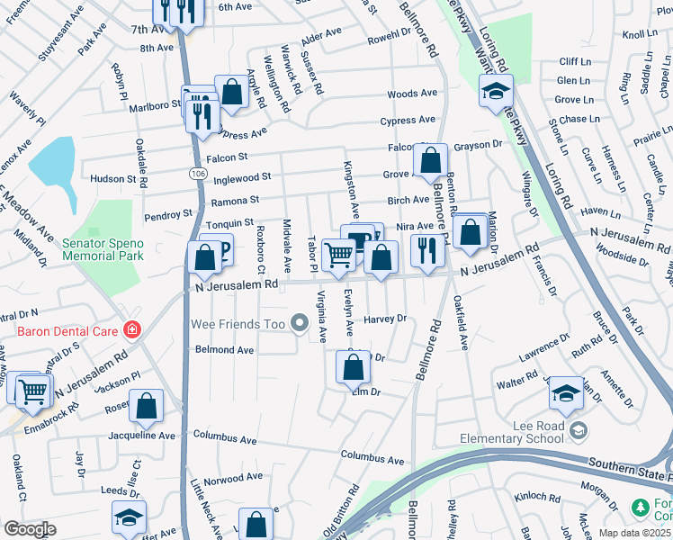 map of restaurants, bars, coffee shops, grocery stores, and more near 2626 Dianne Court in East Meadow