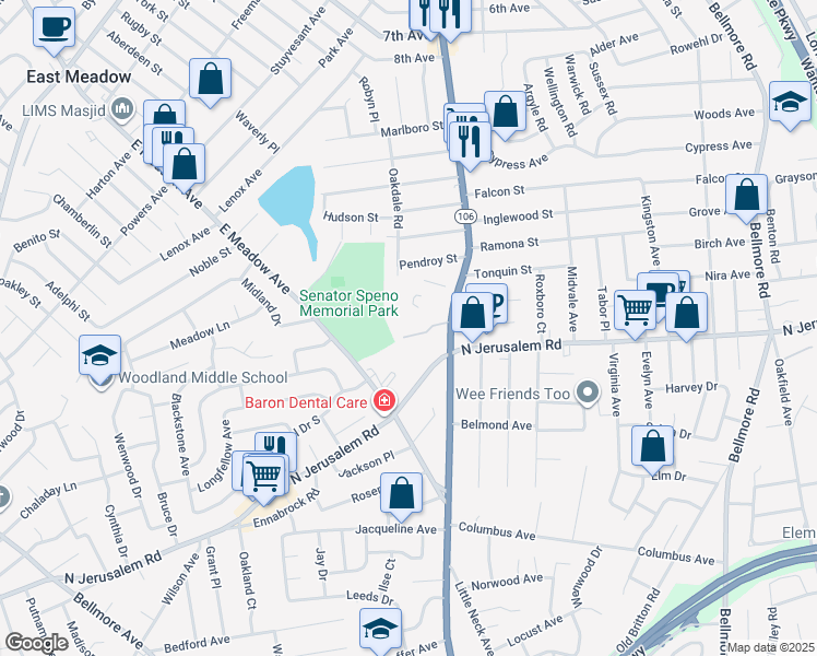 map of restaurants, bars, coffee shops, grocery stores, and more near 600 Newbridge Road in East Meadow