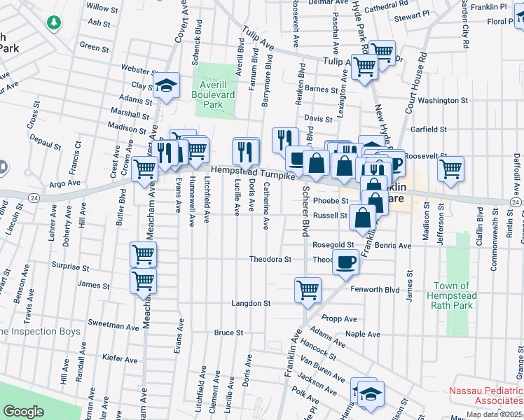 map of restaurants, bars, coffee shops, grocery stores, and more near 45 Catherine Avenue in Franklin Square