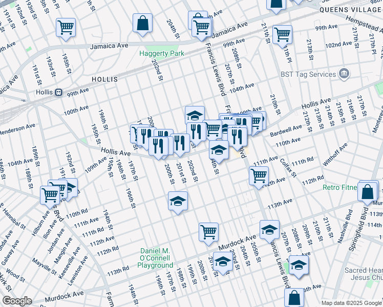 map of restaurants, bars, coffee shops, grocery stores, and more near 109-37 203rd Street in Queens