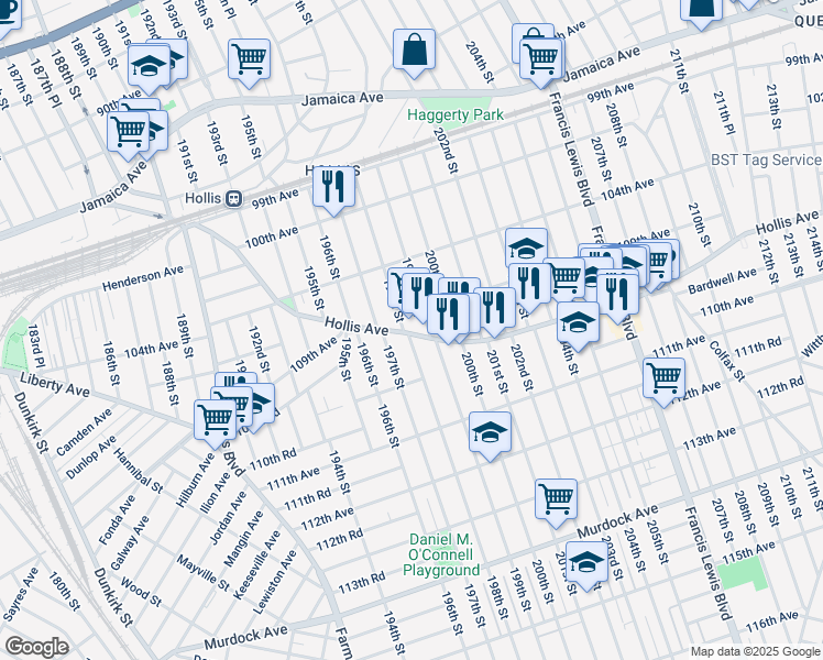 map of restaurants, bars, coffee shops, grocery stores, and more near 104-49 198th Street in Queens