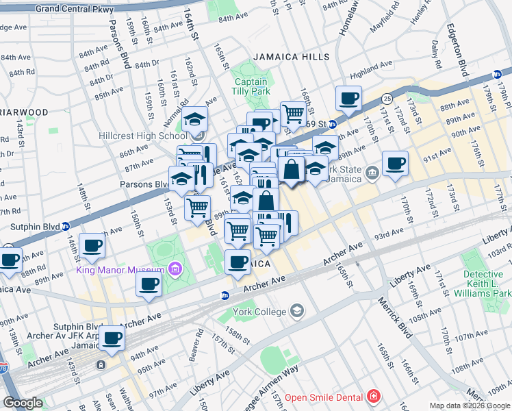 map of restaurants, bars, coffee shops, grocery stores, and more near 162-11 89th Avenue in Queens