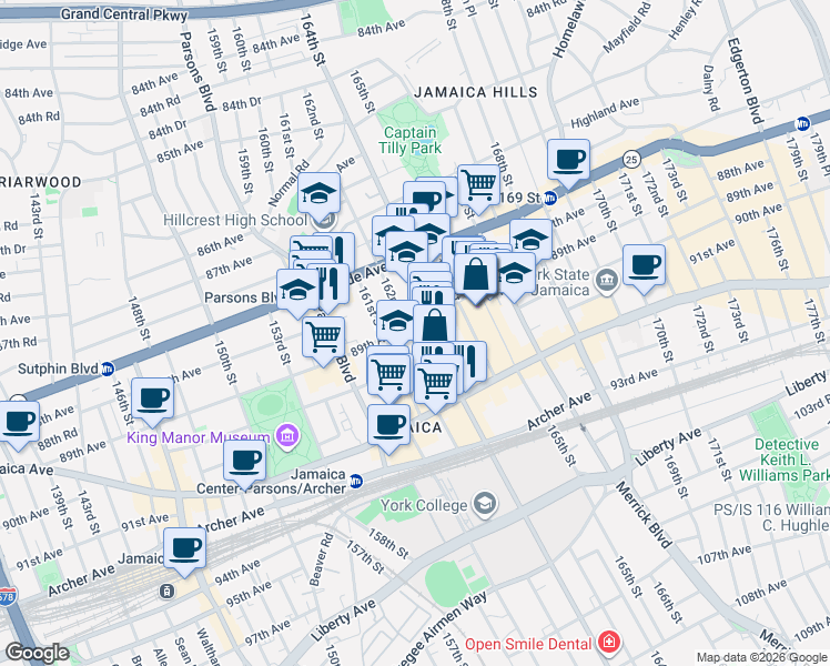 map of restaurants, bars, coffee shops, grocery stores, and more near 162-11 89th Avenue in Queens
