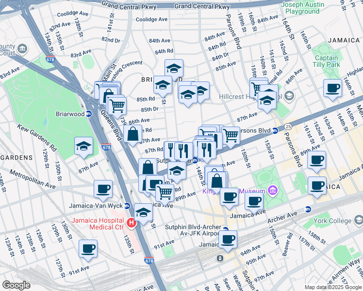 map of restaurants, bars, coffee shops, grocery stores, and more near 144-01 87th Avenue in Queens