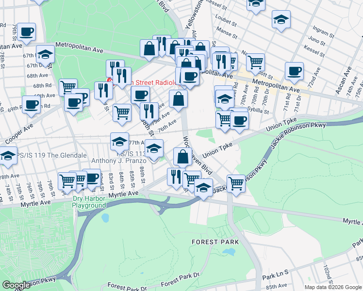 map of restaurants, bars, coffee shops, grocery stores, and more near 88-36 77th Avenue in Queens