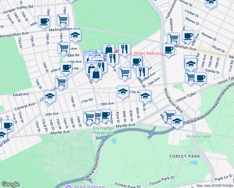 map of restaurants, bars, coffee shops, grocery stores, and more near 83-01 77th Avenue in Queens