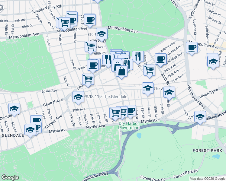 map of restaurants, bars, coffee shops, grocery stores, and more near 7945 77th Avenue in Queens