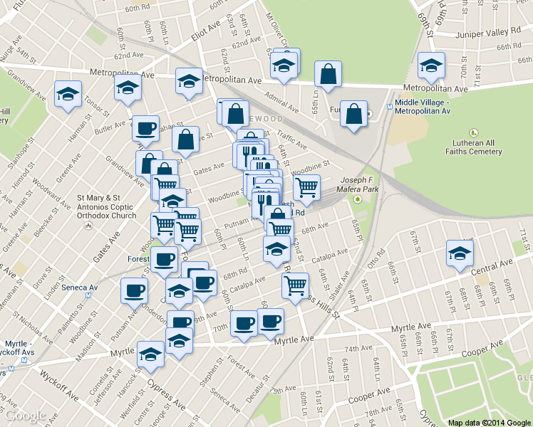 map of restaurants, bars, coffee shops, grocery stores, and more near 66-62 Fresh Pond Road in Queens