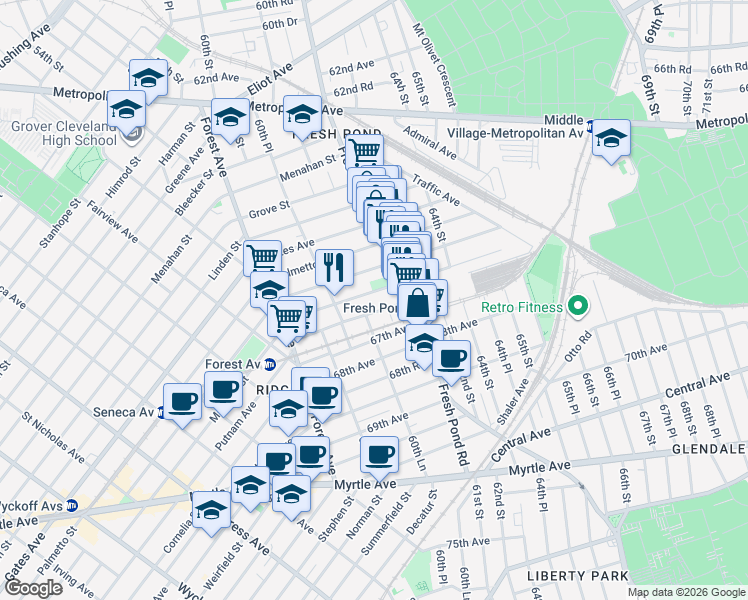 map of restaurants, bars, coffee shops, grocery stores, and more near 60-39 Madison Street in Queens