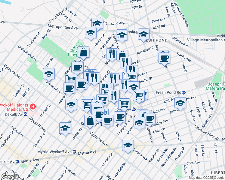 map of restaurants, bars, coffee shops, grocery stores, and more near 6-04 Fairview Avenue in Queens