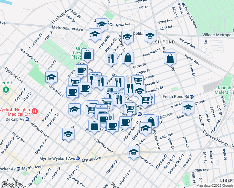 map of restaurants, bars, coffee shops, grocery stores, and more near 6-04 Fairview Avenue in Queens