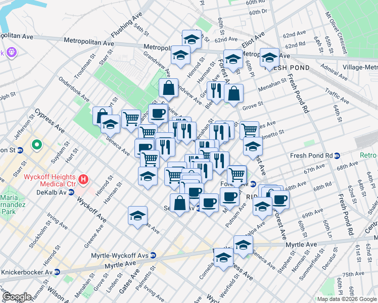 map of restaurants, bars, coffee shops, grocery stores, and more near 2 Saint Johns Road in Queens