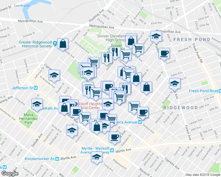 map of restaurants, bars, coffee shops, grocery stores, and more near 456 Onderdonk Avenue in Queens