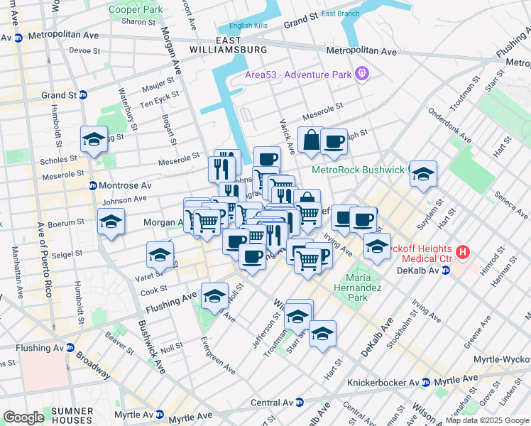 map of restaurants, bars, coffee shops, grocery stores, and more near 70 Porter Avenue in Brooklyn