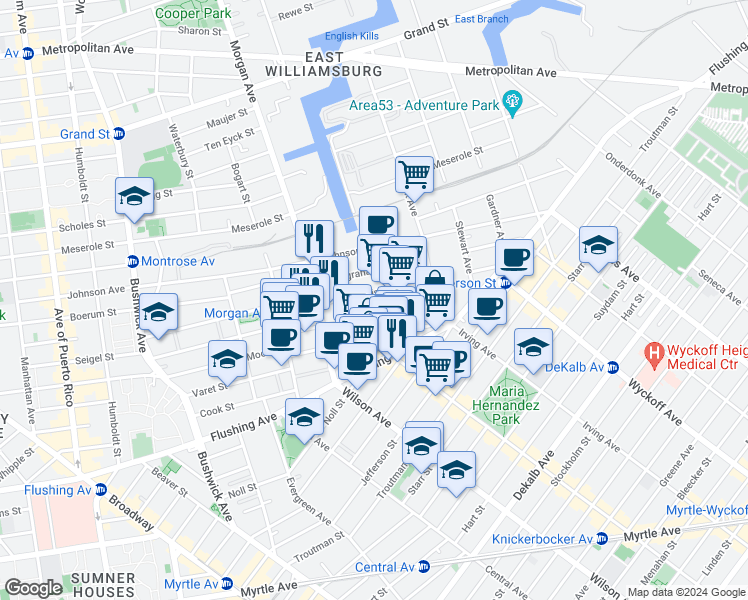 map of restaurants, bars, coffee shops, grocery stores, and more near 70 Porter Avenue in Brooklyn
