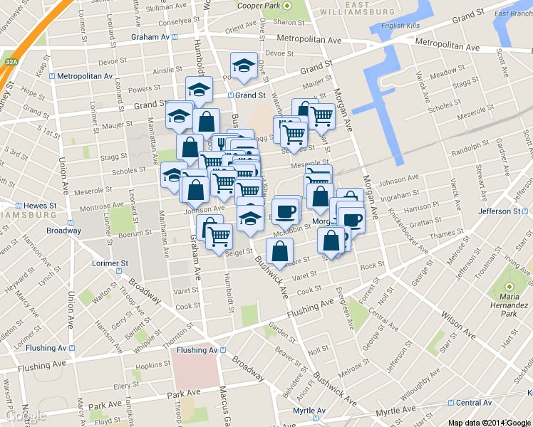 map of restaurants, bars, coffee shops, grocery stores, and more near 262 Johnson Avenue in Brooklyn