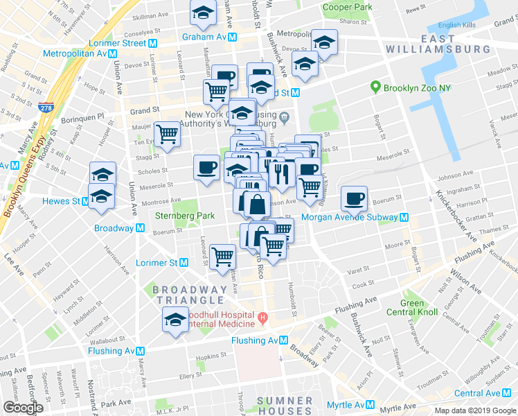 map of restaurants, bars, coffee shops, grocery stores, and more near 181 Montrose Avenue in Brooklyn