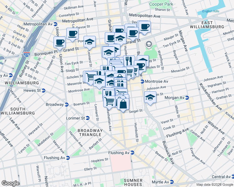 map of restaurants, bars, coffee shops, grocery stores, and more near 138 Montrose Avenue in Brooklyn