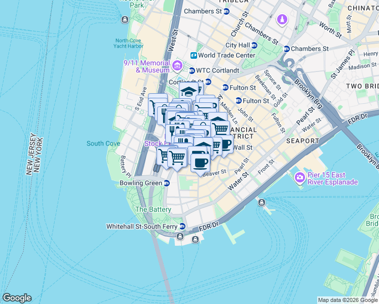 map of restaurants, bars, coffee shops, grocery stores, and more near 61 Canyon of Heroes in New York