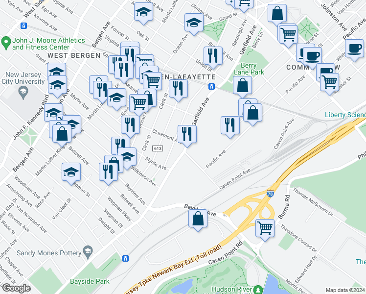 map of restaurants, bars, coffee shops, grocery stores, and more near 2 Claremont Avenue in Jersey City