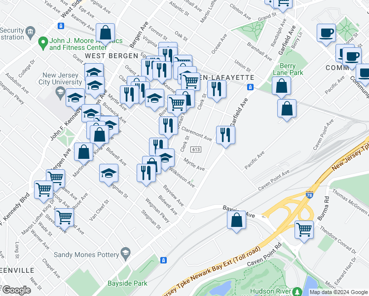 map of restaurants, bars, coffee shops, grocery stores, and more near 604 Ocean Avenue in Jersey City
