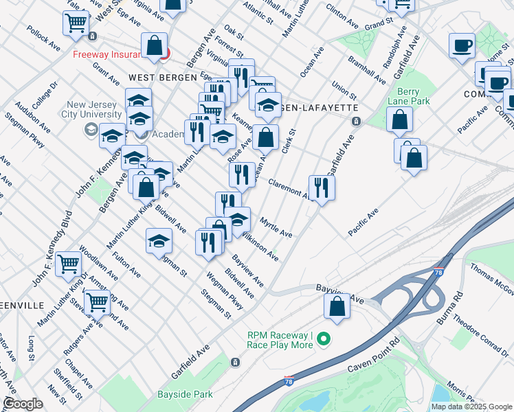 map of restaurants, bars, coffee shops, grocery stores, and more near 604 Ocean Avenue in Jersey City