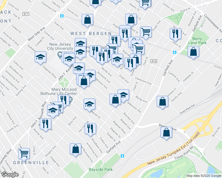 map of restaurants, bars, coffee shops, grocery stores, and more near 53 Bostwick Avenue in Jersey City